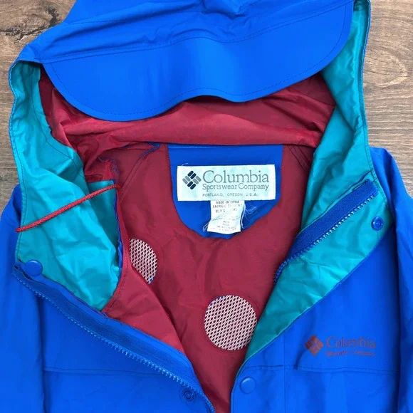 Vintage Columbia Sportswear Mens XS Blue Hooded Rain Jacket Pants Waterproof PVC